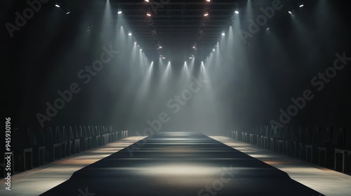 A dark stage with an extended runway illuminated by spotlights, prepared for a performance or fashion show