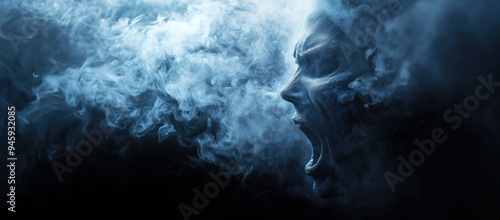 haunting spectral face materializes from swirling blue smoke