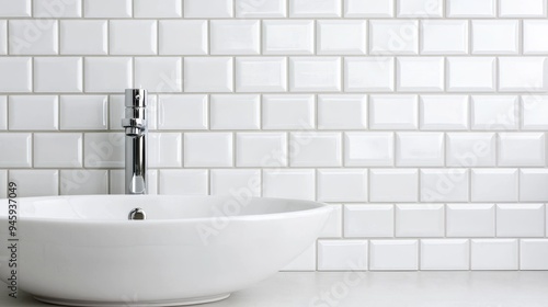 A bathroom wall covered in classic white subway tiles, with subtle grout lines creating a clean, timeless look