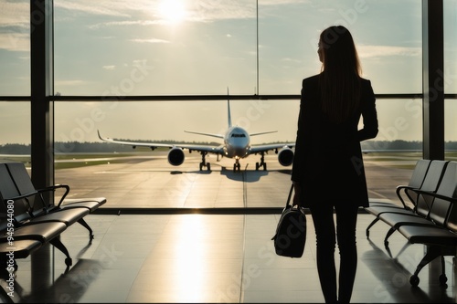 Young woman, silhouette at the airport waiting for a plane, looking at the plane taking off, photo. Travel, flight, vacation, tour.