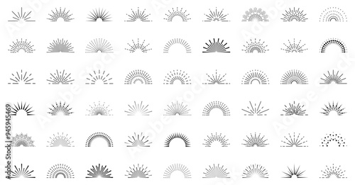 Sun rise set, sunset vector icons, sunburst rays collection