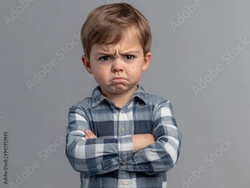 Dissatisfied, angry, offended child with a dissatisfied expression on a light background with space for an inscription, text, photo, close-up. Upbringing, education, psychology, children, resentment