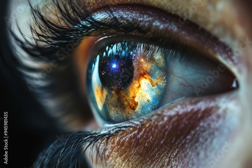 A hyper-detailed eye reflecting a vibrant galaxy, blending cosmic colors with natural features in an enchanting vision of reality and fantasy.