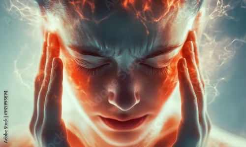 A woman experiences a headache with her eyes closed, conveying discomfort and frustration. The background is dynamic and blurry, enhancing the sense of motion and emotional intensity