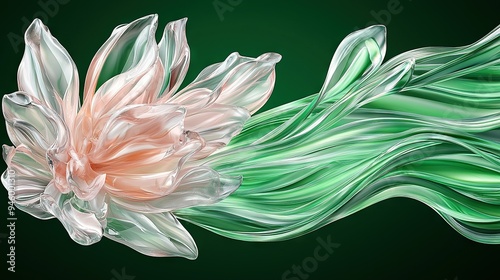  Picture of a flower with green and pink petals on a green background and a white and pink center