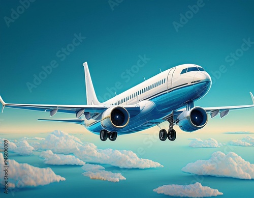 Commercial plane isolated on blue background, white aircraft, Twin-engine jet aircraft, Generative AI