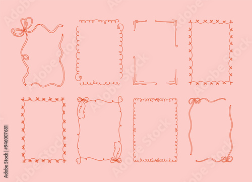 Collection of eight decorative whimsical frames in coquette style on a light pink background. A4 card size. Vector hand drawn graphic set