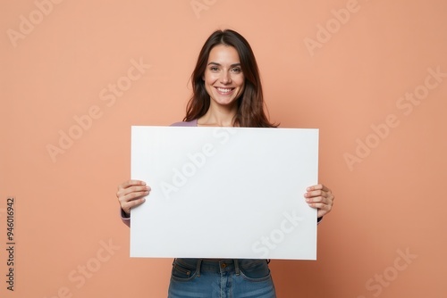 Smiling Woman Holding Blank White Sign Against Peach Background