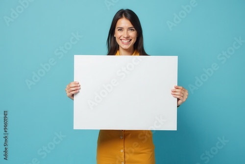 Smiling Woman Holding a Blank White Sign Against a Blue Background