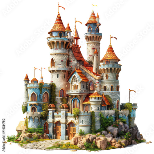 3D Cartoon Medieval Castle Towers Fairytale Mansion Isolated on Transparent or White Background, PNG