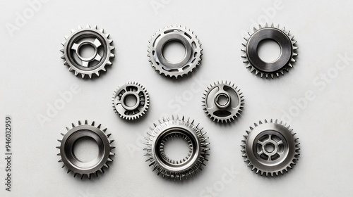 Diverse Stainless Steel Gears on Light Grey Background