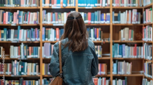 An adult browsing the library shelves, selecting books and journals that are relevant to their study topic