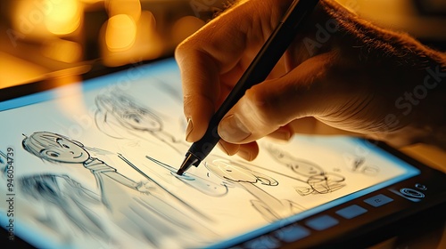 A close-up of a hand drawing on a digital tablet, creating animated characters and scenes.