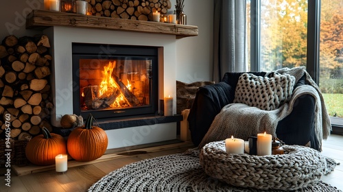 42 Warm autumn living room fireplace crackling wood throw blanket pumpkins candles soft lighting