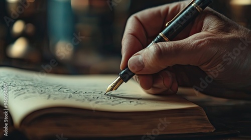 A close-up of a hand writing an autograph on a book with a stylish pen.