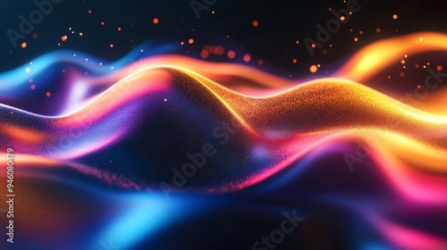 Colorful glowing fluid waves undulate across a dark background with vibrant energy and depth