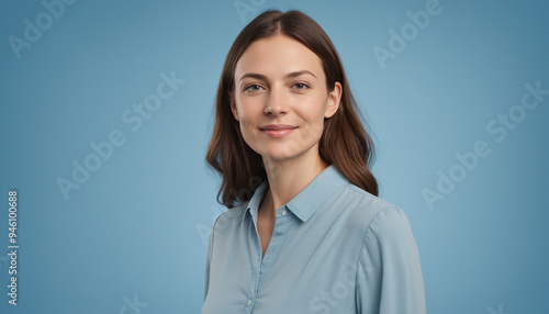 Portrait adulte femme employée souriante fond bleu entretien embauche.