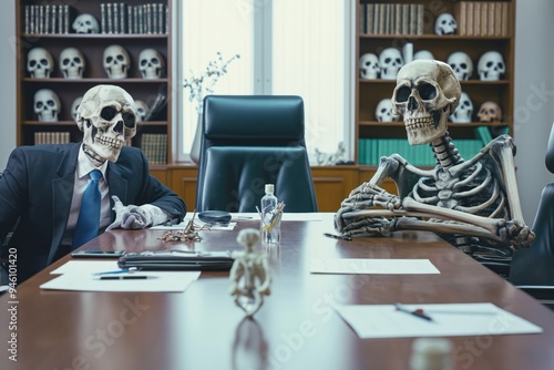 Businessmen in office meeting with skeleton colleagues. Boss explains presentation, team discusses work. Old, dead employees listen, inspect documents. Corporate executive team at work, workaholic