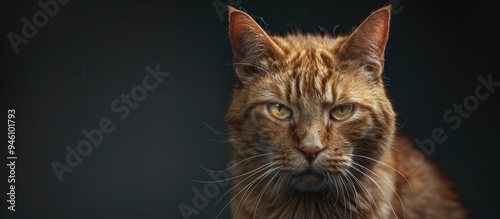 A large orange cat stares directly at the camera with its ears turned sideways indicating anger annoyance or irritation. Copy space image. Place for adding text and design