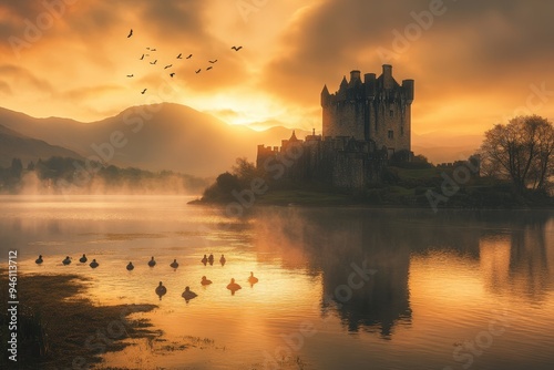 A castle on the shore of a lake with ducks swimming in the water.