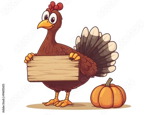 Cartoon turkey holding a blank sign with a pumpkin.