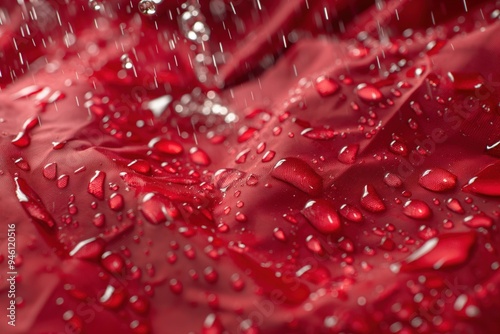 Vibrant red waterproof fabric showcases unique droplets scattered across its surface. Close-up view highlights intricate details of synthetic ripstop material water-repellent properties.