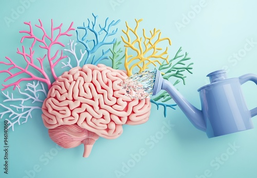 An artist's concept of human brain as a flower, creative thinking, positive attitude, and generative AI as water cascading down on the mind.