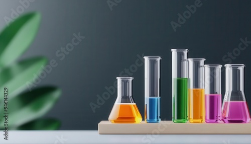 Test tubes and beakers with colorful chemicals on a lab bench, chemical experiment, 3D illustration