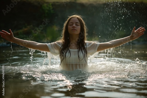 Young woman stands in river with arms outstretched, floating on surface of calm water. White top contrasts with dark green river and brown surroundings.