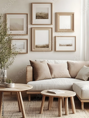 Floating frame display in a neutral toned farmhouse living space featuring an asymmetrical gallery wall arrangement with mixed wood tones and muted color accents