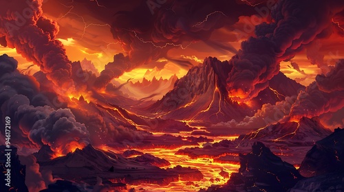 Infernal landscape with volcanic eruptions, dark clouds of smoke, and rivers of fire, hellish and apocalyptic 