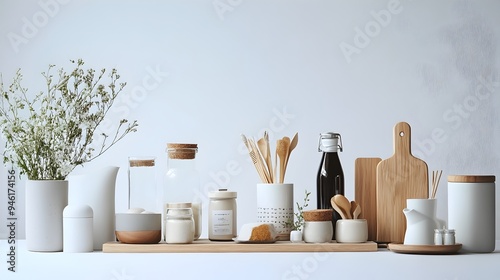 Meticulously curated set of household utilitarian essentials arranged in a balanced harmonious composition against a pristine white background with soft