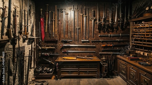 An arsenal of vintage weapons and swords displayed in a museum, highlighting historical artifacts.