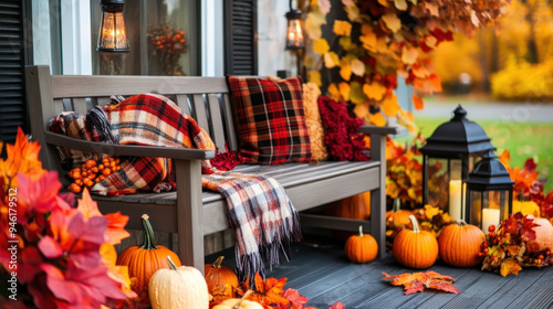 Cozy autumn porch decorated with pumpkins, colorful leaves, lanterns, and warm blankets, creating a welcoming fall atmosphere