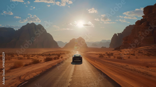 A lone car driving down an empty road through the desert, with towering red rock formations in the distance and the sun casting long shadows