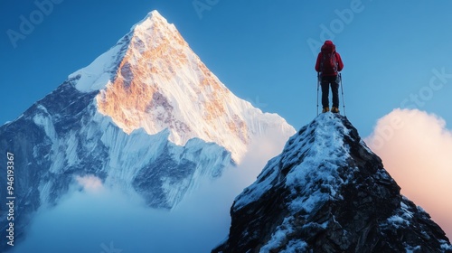 Mountaineer standing on mountain peak observing inspiring view at sunset