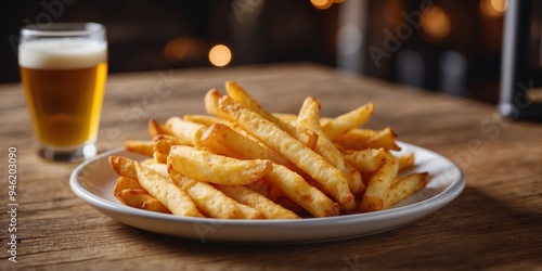 Two glasses of beer with a plate of cheesy fries on a rustic wooden board.