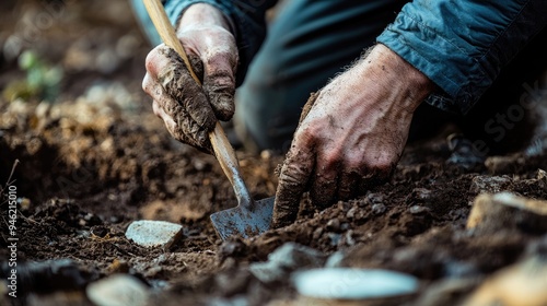 A close-up of an archaeologist carefully brushing dirt off a recently unearthed artifact.