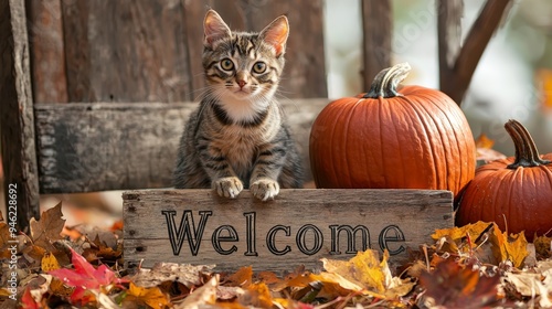 Cat sitting beside welcome sign with pumpkins