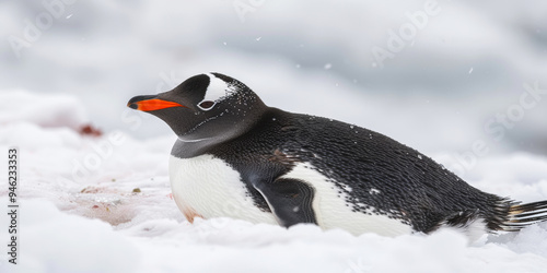 Gentoo penguin resting on snow, showcasing its adaptive behavior and natural lifestyle in the Antarctic environment