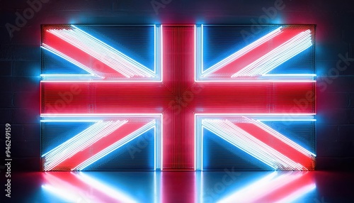 A glowing neon British flag design on a dark background. The red, white, and blue colors of the flag are illuminated with a bright light.