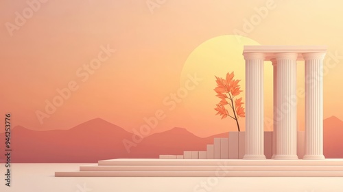 Stylized ruins with a geometric sun, minimalist composition, clean lines, classical inspiration