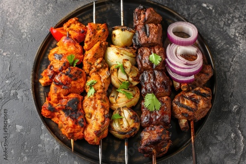 Spicy grill platter with chicken beef and onions on table top view of Arabian cuisine