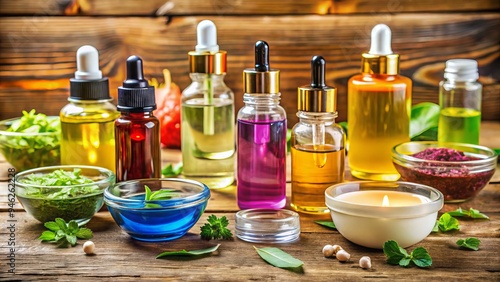 A colorful mixture of various oils, lotions, and serums in small glass bottles on a wooden counter, surrounded by droppers and a mixing bowl.