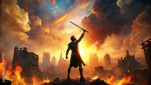 A dramatic silhouette of a raised arm holding a sword triumphantly aloft, set against a fiery, smoke-filled sky with ravaged buildings in the background.