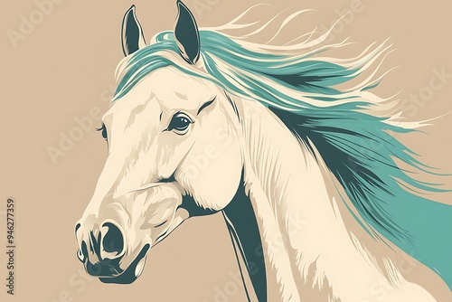 Elegant Cream-Colored Horse with Teal Mane - Graphic Design Minimalist Vector Art Portrait by L. Coffey