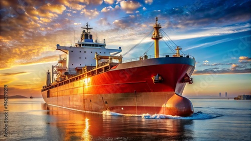 A massive tanker vessel sails through calm waters, its rust-colored hull gleaming in the sunlight, with cargo cranes and pipes lining its deck.