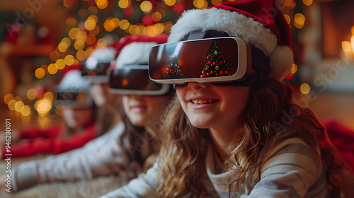 Una familia celebrando la mañana de Navidad y todos llevan Gafas realidad virtual