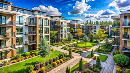 A modern apartment complex with multiple buildings, lush greenery, and outdoor amenities, conveying a sense of community and residential living.