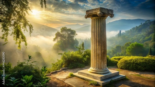 Ancient Greek architectural element, solitary Doric column stands proudly on a sun-kissed stone base, surrounded by lush greenery and subtle morning mist.